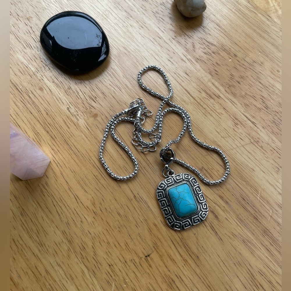 Turquoise Charm With Stainless Steel Necklace